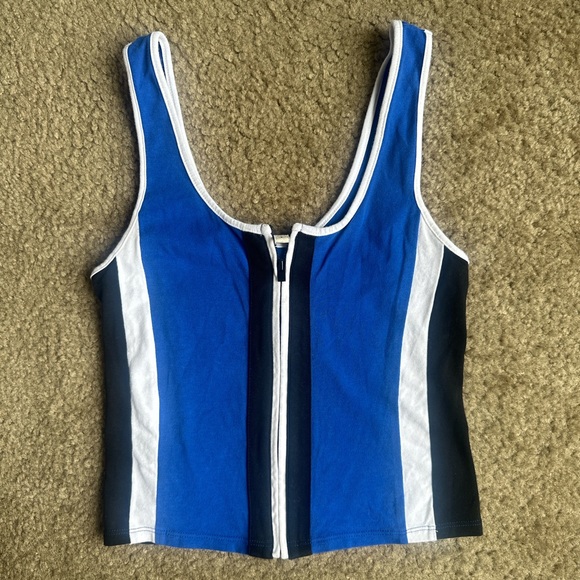 Express Tops - Express Blue and White Crop Top with Front Zipper